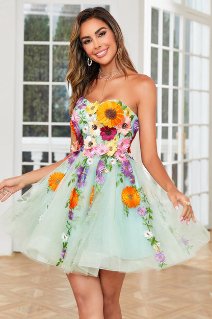 Champagne Strapless Homecoming Dress with 3D Flowers