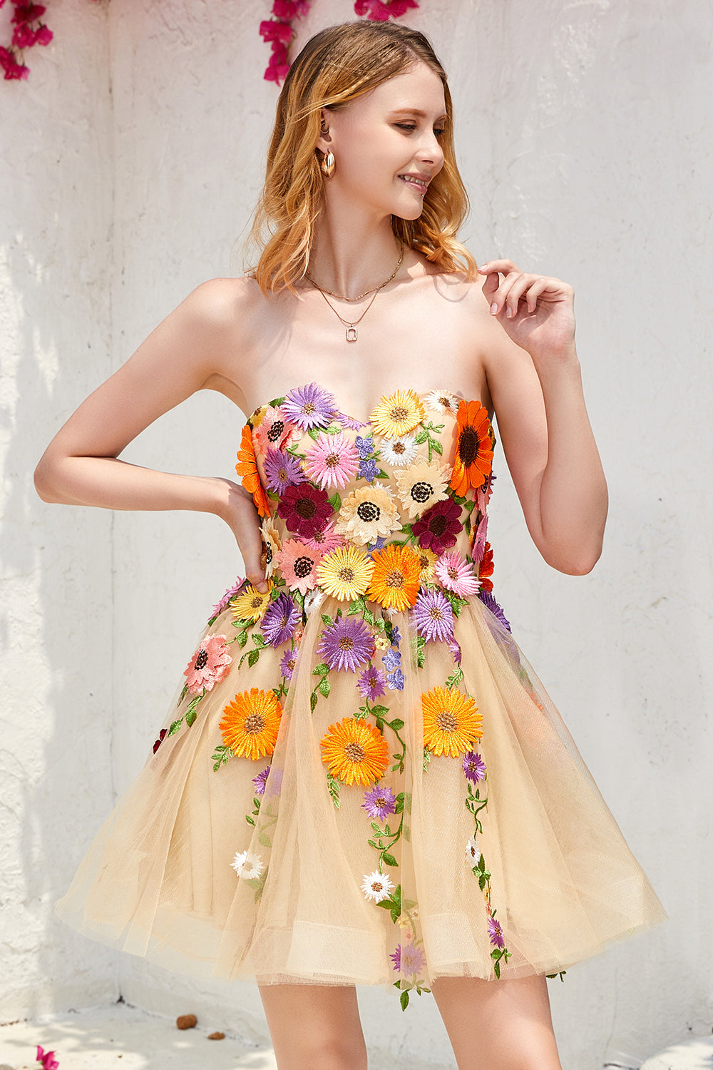 Champagne Strapless Homecoming Dress with 3D Flowers