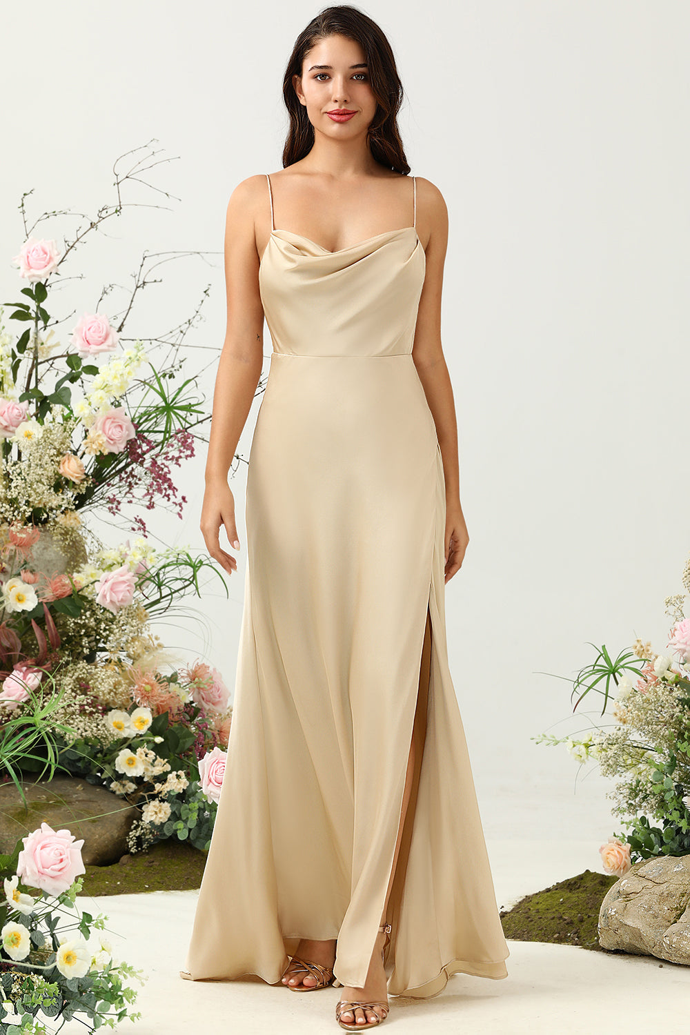 Spaghetti Straps Champagne Wedding Guest Dress with Slit