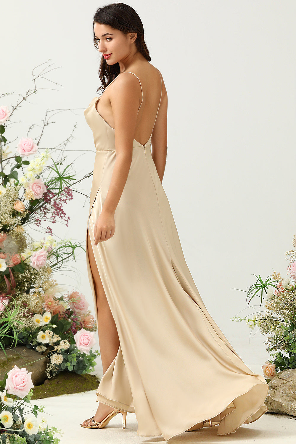 Spaghetti Straps Champagne Wedding Guest Dress with Slit