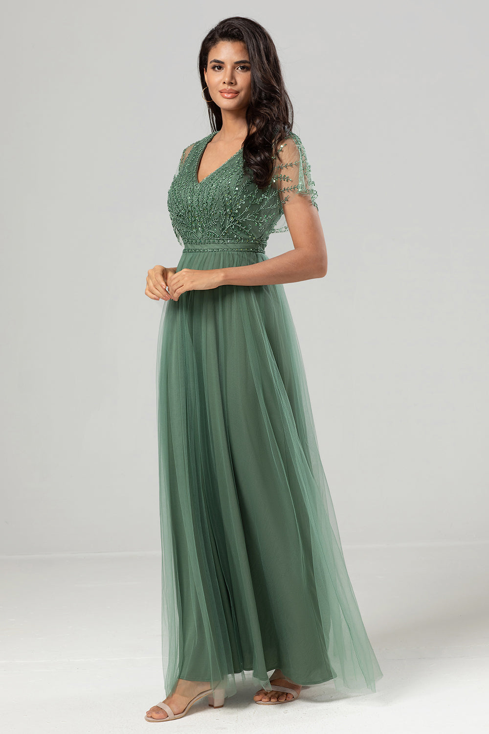 Epitome of Romance A-Line V Neck Eucalyptus Long Bridesmaid Dress with Beading