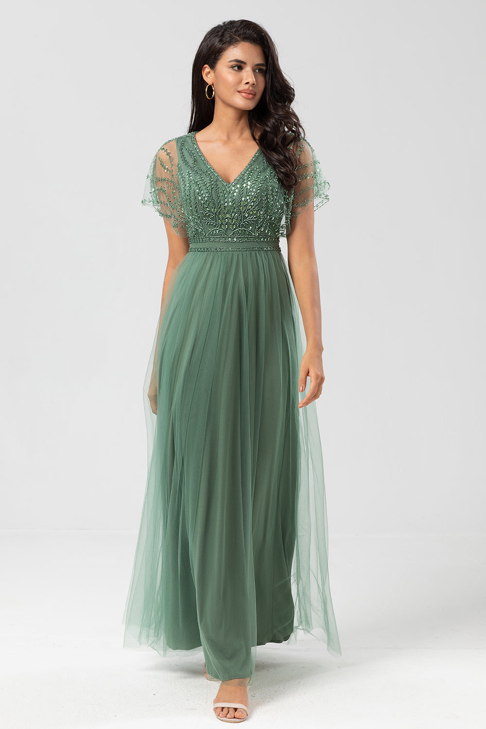 Epitome of Romance A-Line V Neck Eucalyptus Long Bridesmaid Dress with Beading