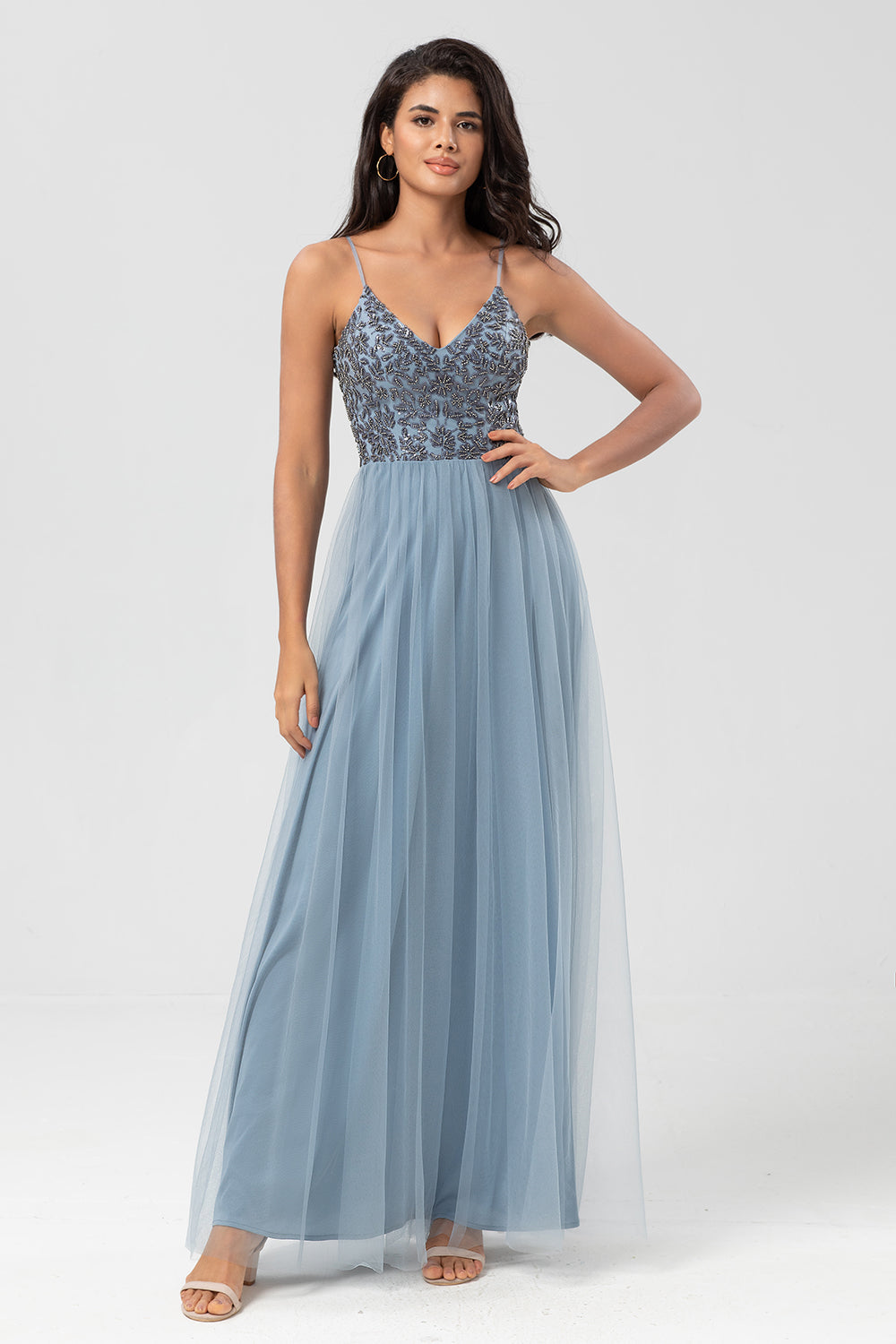 Chic Romantic A Line Spaghetti Straps Dusty Blue Long Bridesmaid Dress with Beading