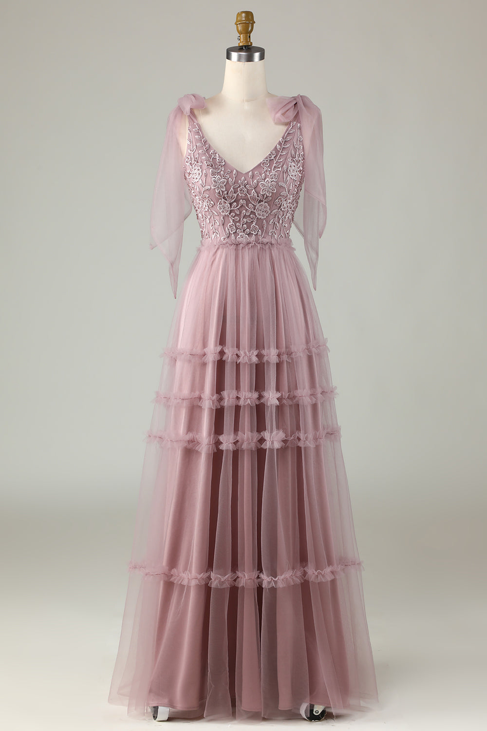 Keeper of My Heart A-Line V Neck Dusty Pink Long Bridesmaid Dress with Beading