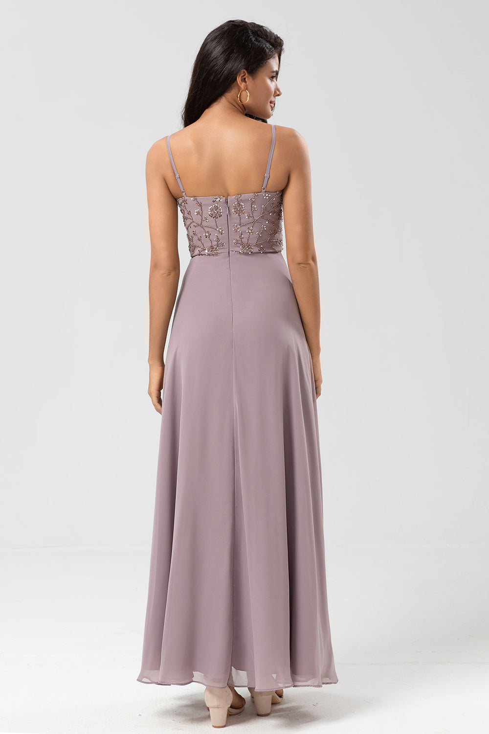 Certifiably Chic A Line Spaghetti Straps Dusty Pink Long Bridesmaid Dress with Beaded