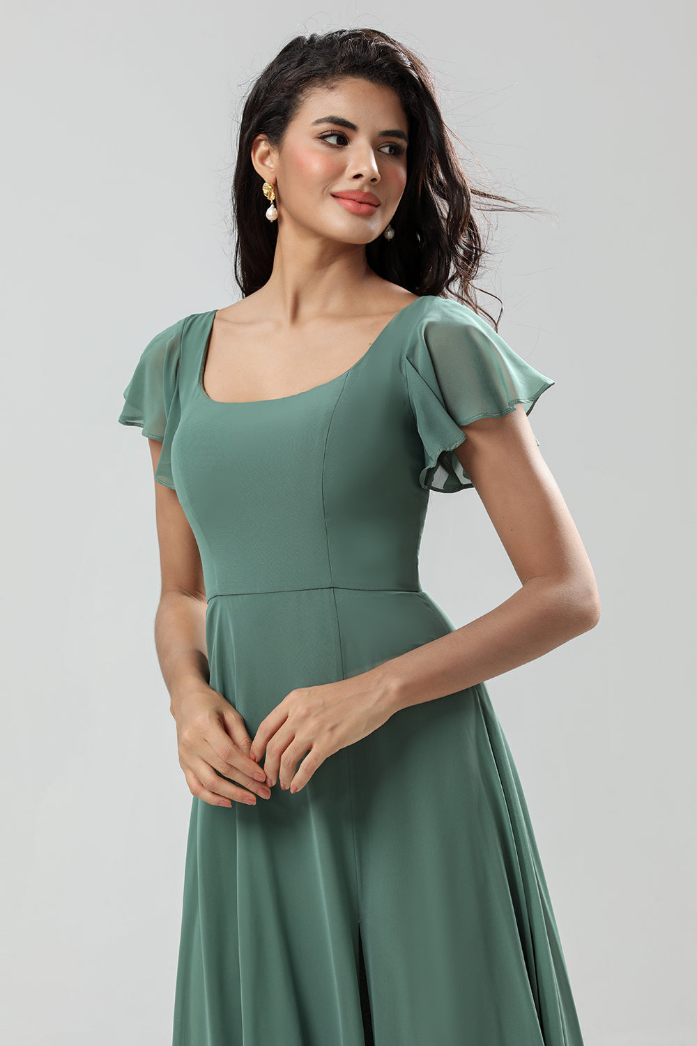 A-Line Green Long Bridesmaid Dress with Ruffles