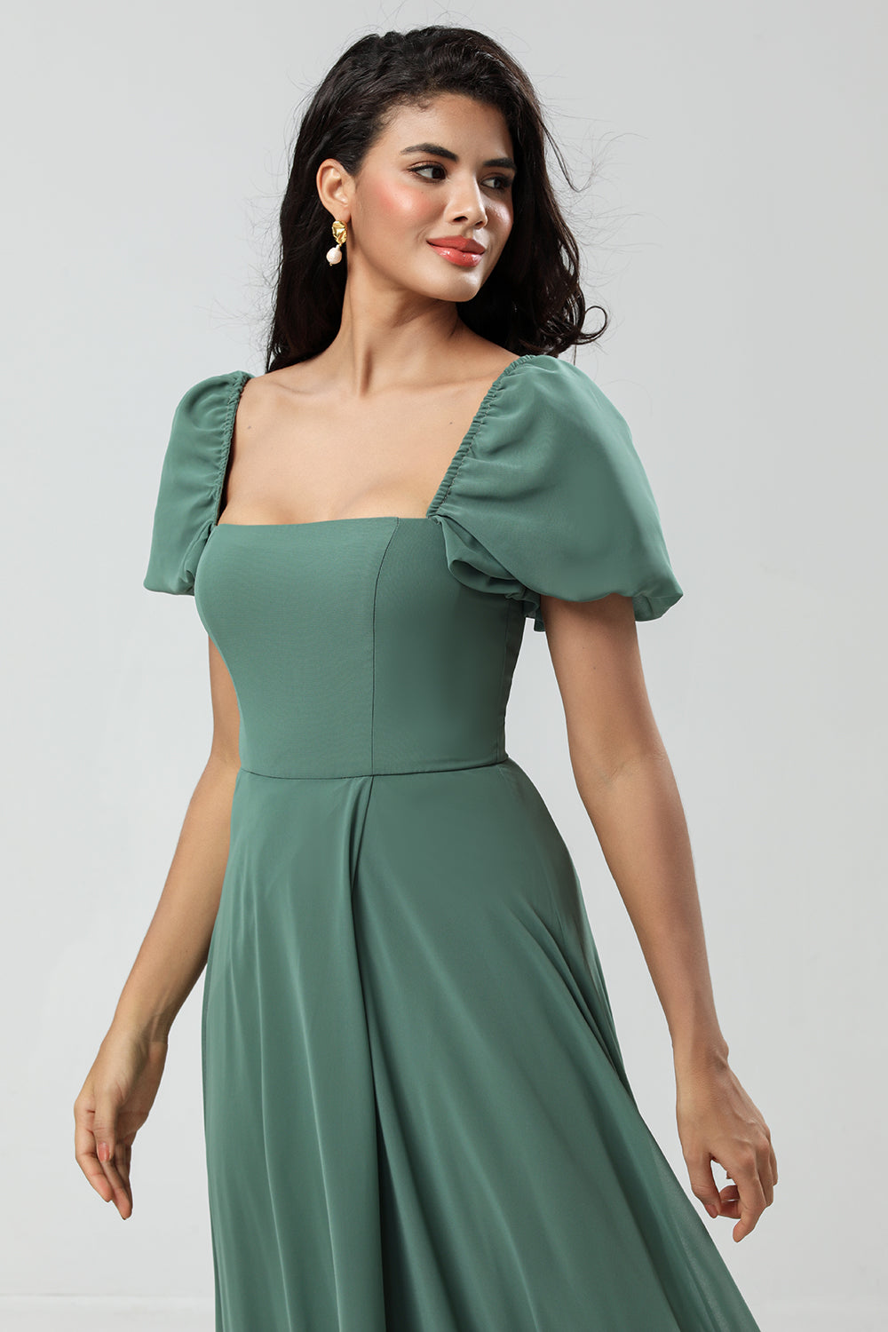 Chiffon Puff Sleeves A Line Green Bridesmaid Dress