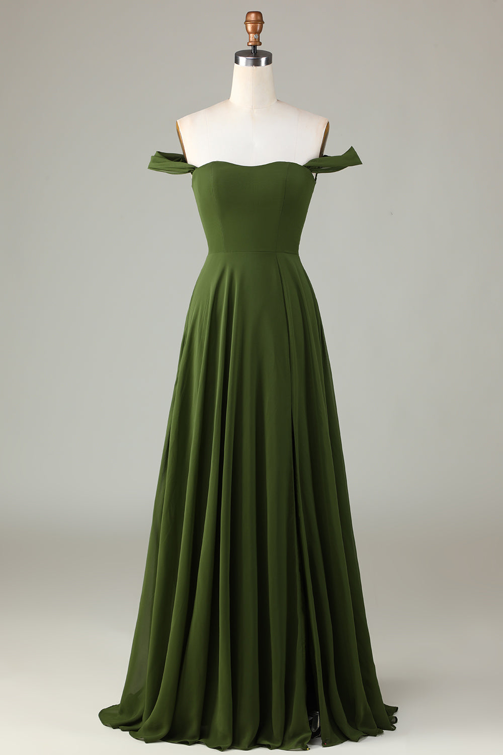 Off The Shoulder A Line Olive Bridesmaid Dress with Slit