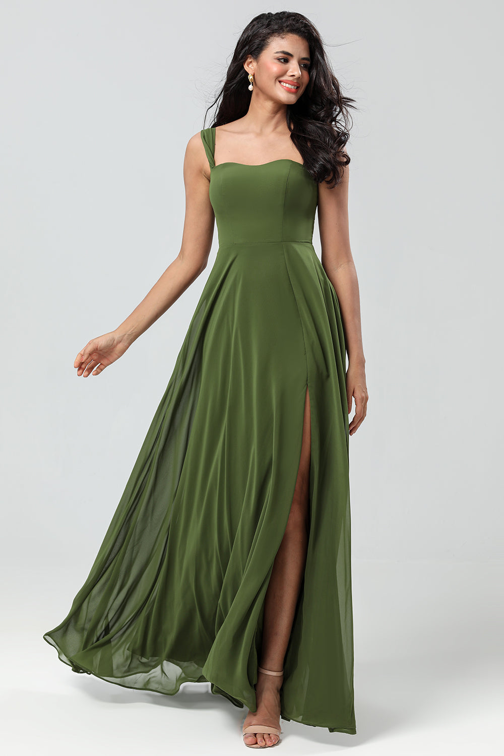 Off The Shoulder A Line Olive Bridesmaid Dress with Slit