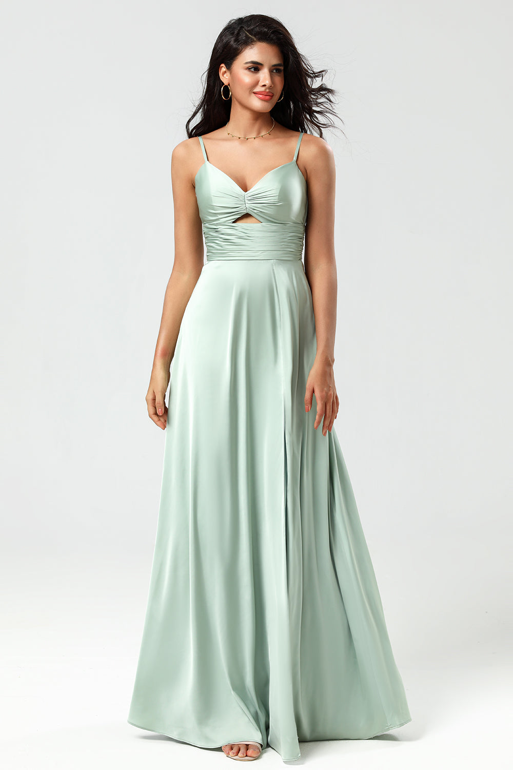 Spaghetti Straps Keyhole A Line Green Bridesmaid Dress with Slit