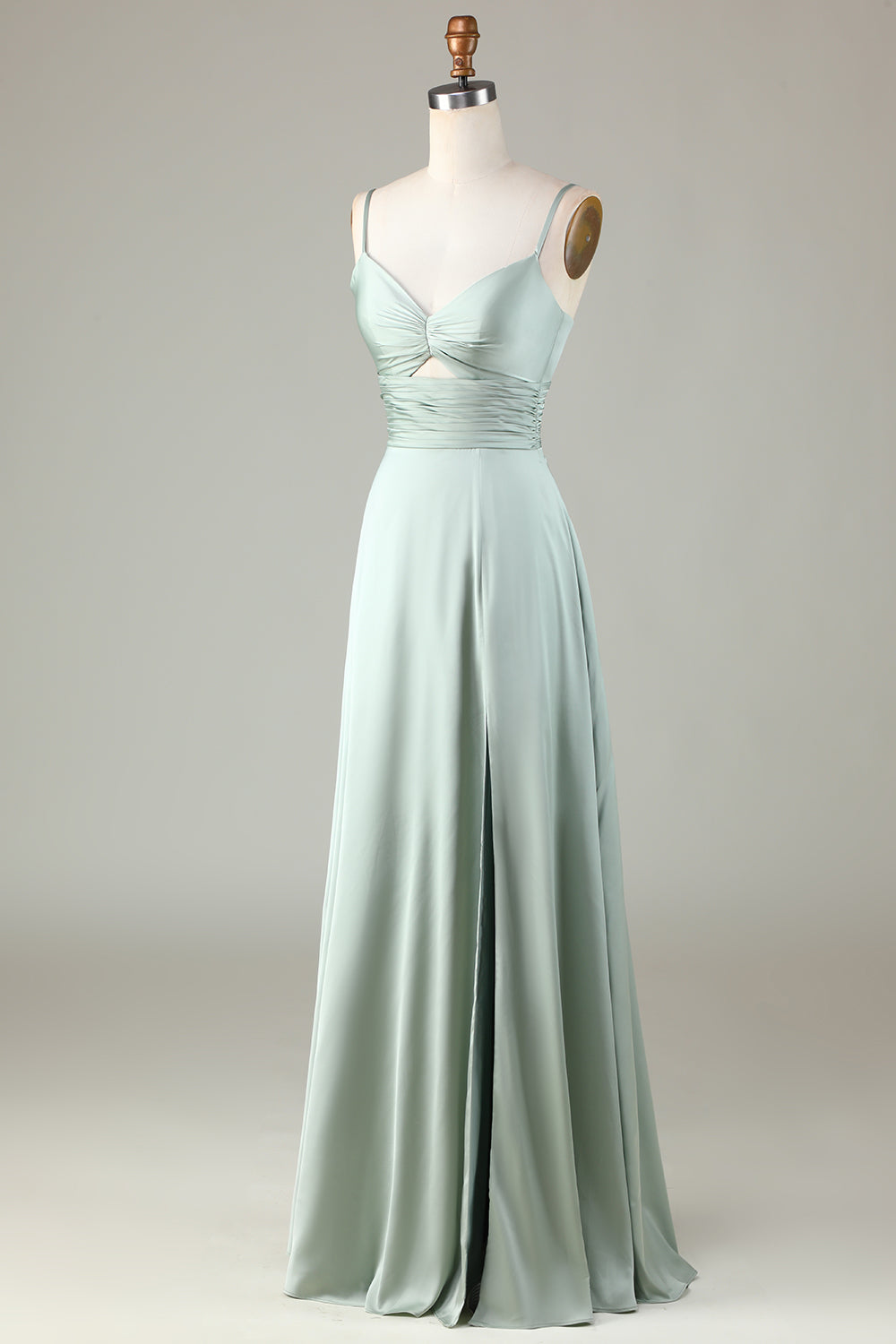 Keyhole Spaghetti Straps Matcha Bridesmaid Dress with Slit