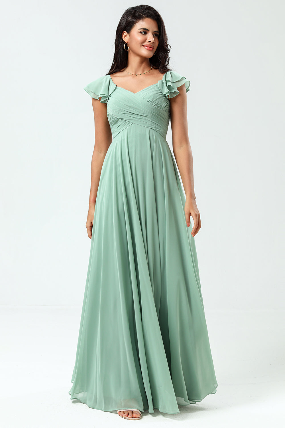 Lace-Up Back A Line Chiffon Green Bridesmaid Dress with Ruffles