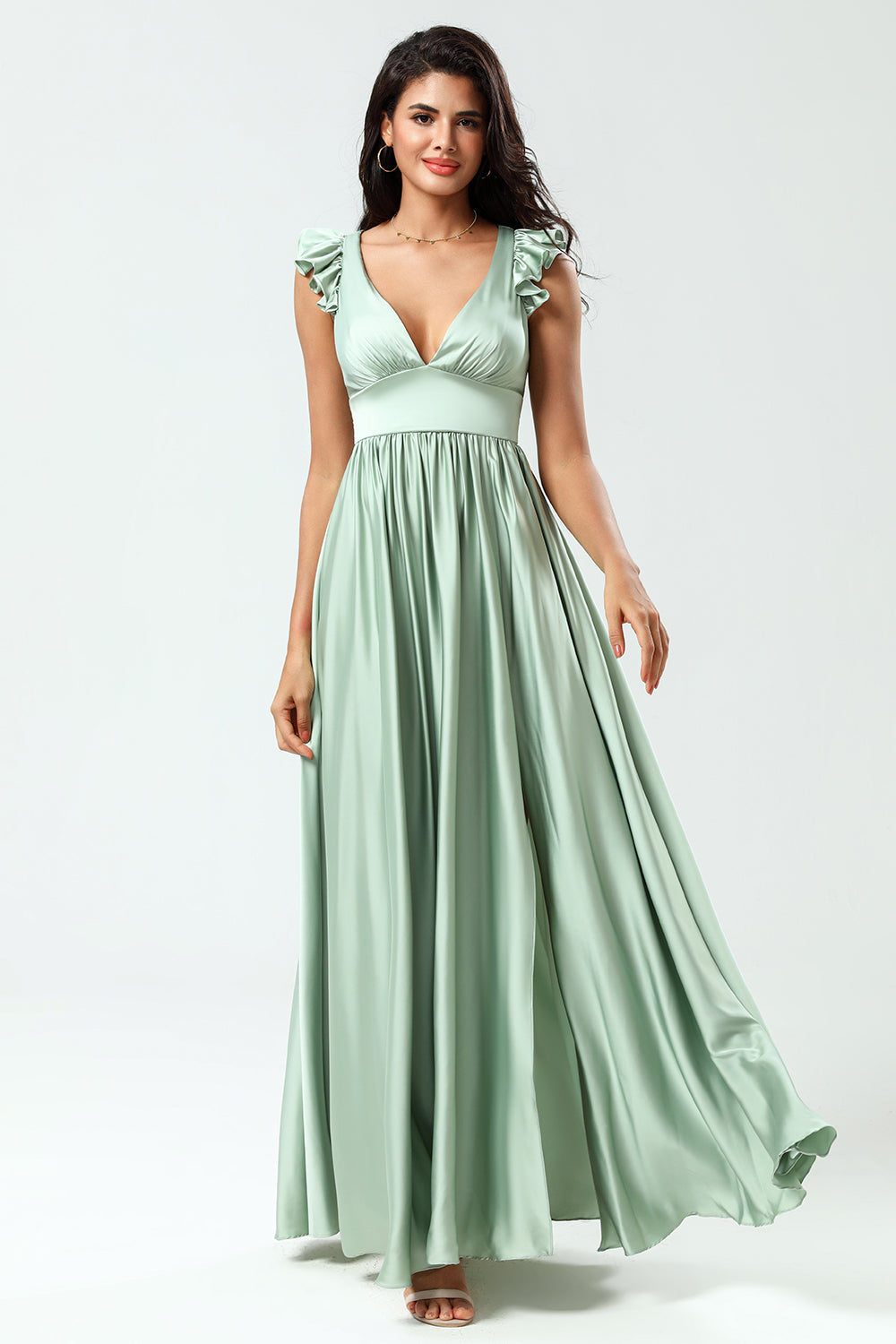 Deep V-Neck A Line Green Long Bridesmaid Dress with Ruffles