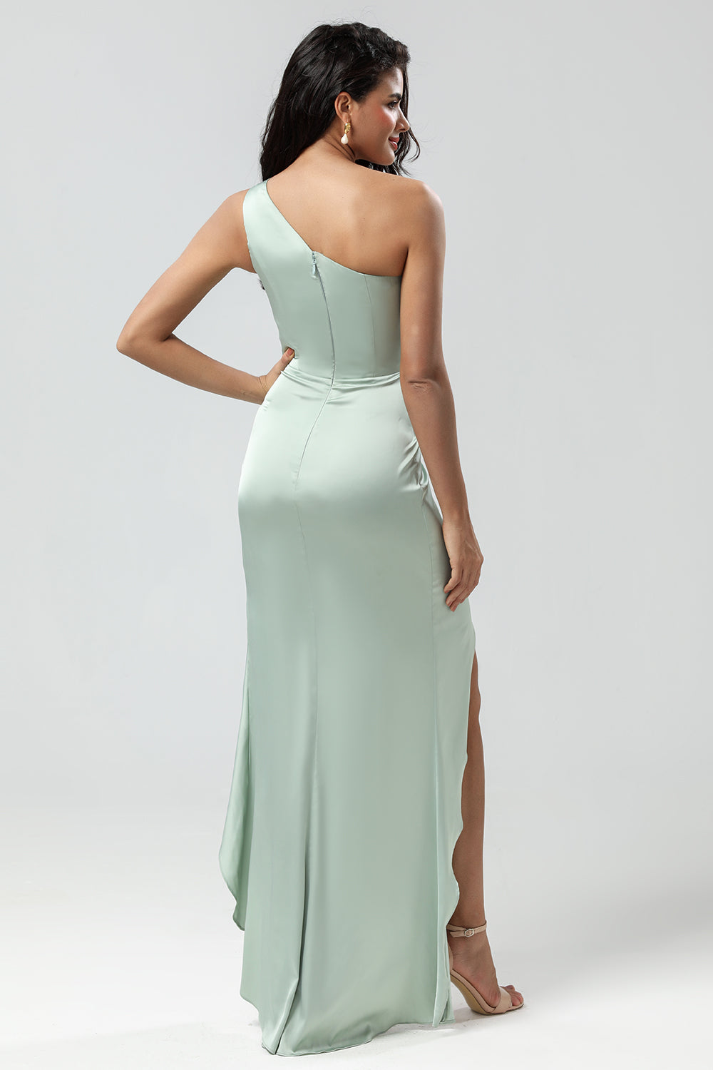 Chic Romantic One Shoulder Matcha Bridesmaid Dress with Ruffles