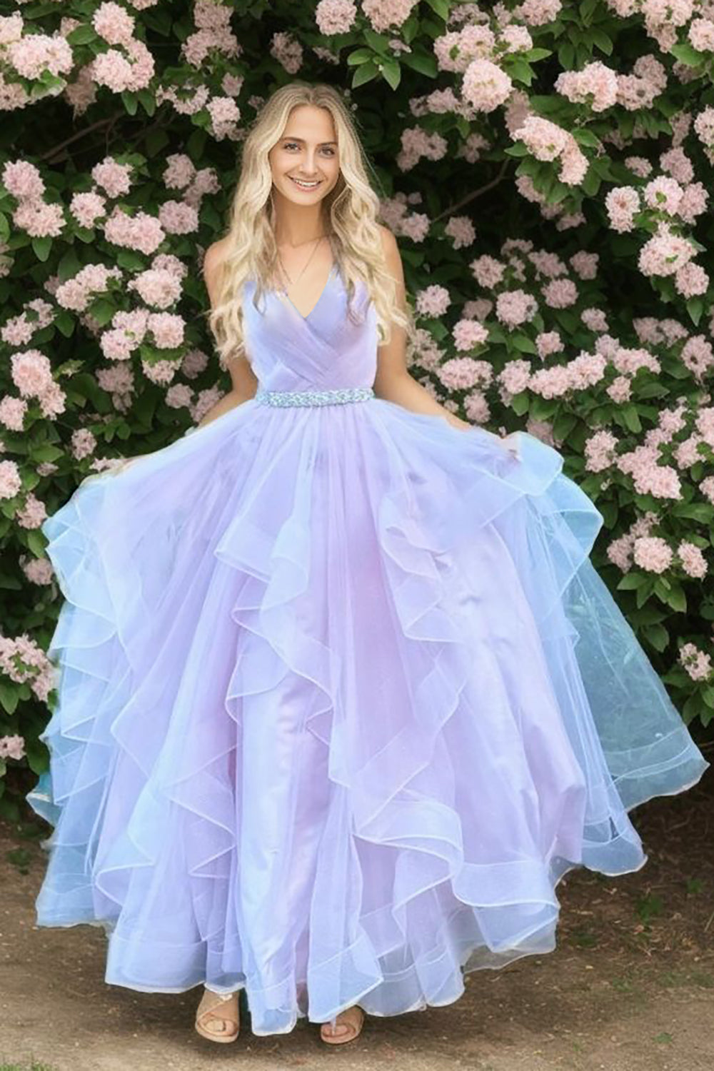 A Line Spaghetti Straps Pink Long Prom Dress with Ruffles