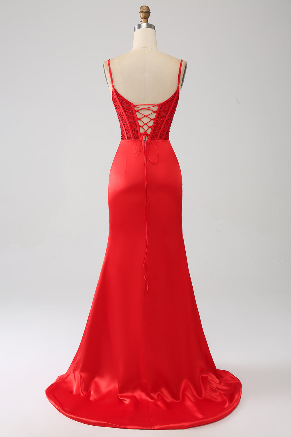 Satin Mermaid Beaded Red Prom Dress with Slit