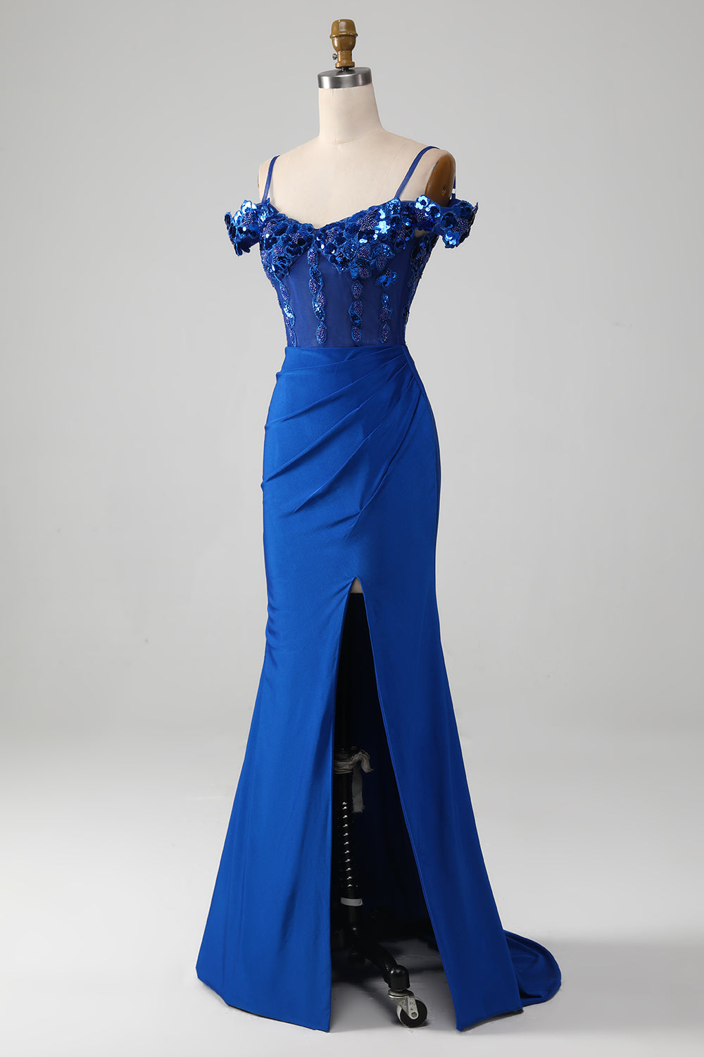 Beaded Royal Blue Corset Prom Dress with Slit