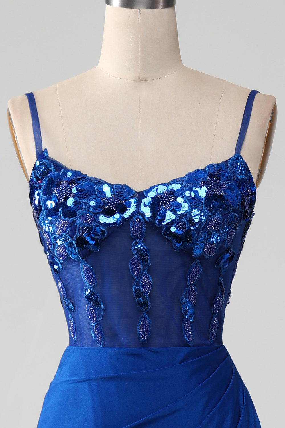 Beaded Royal Blue Corset Prom Dress with Slit