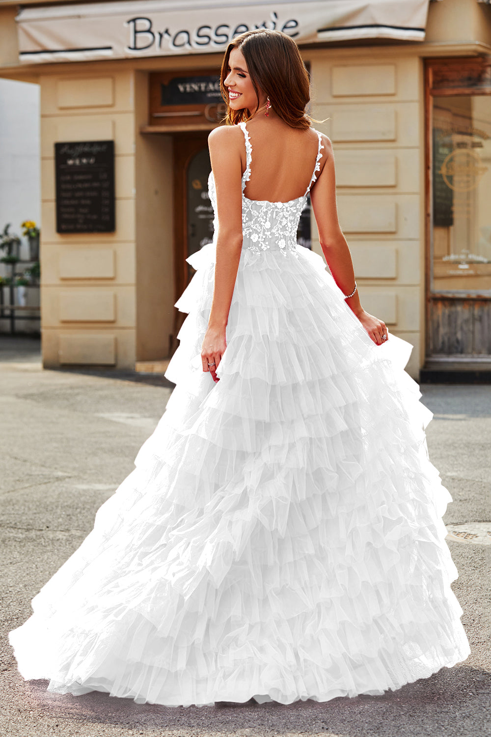 A-Line Spaghetti Straps White Tiered Wedding Dress with Slit