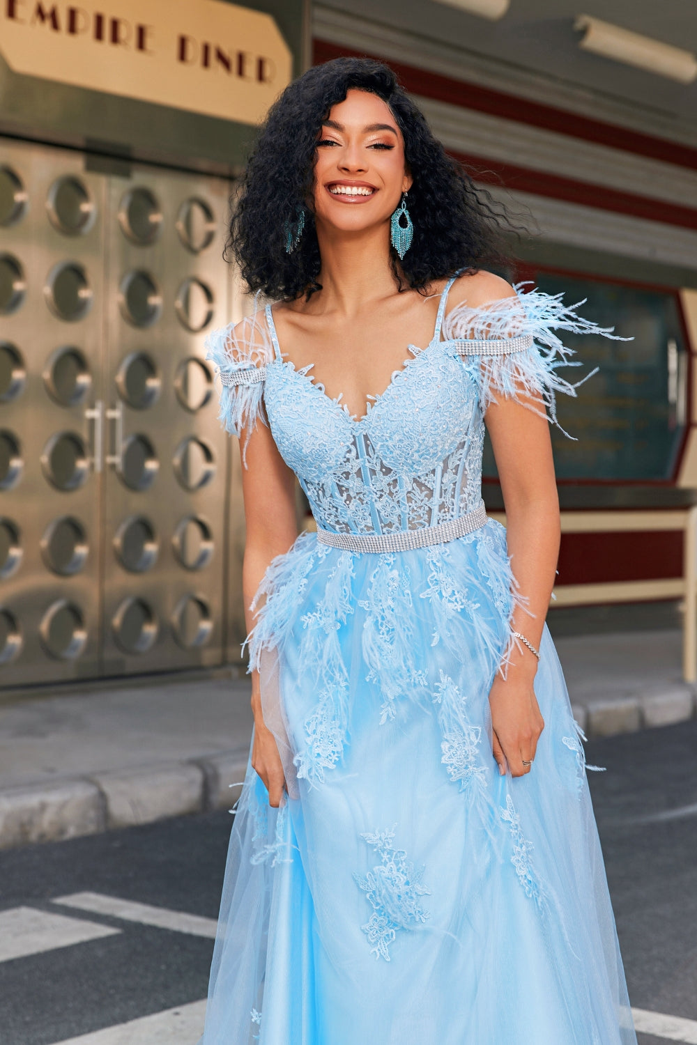 Gorgeous A Line Off the Shoulder Light Blue Corset Prom Dress with Feather