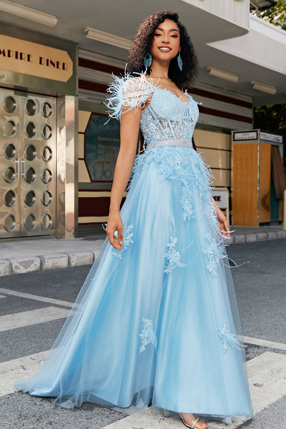 Gorgeous A Line Off the Shoulder Light Blue Corset Prom Dress with Feather