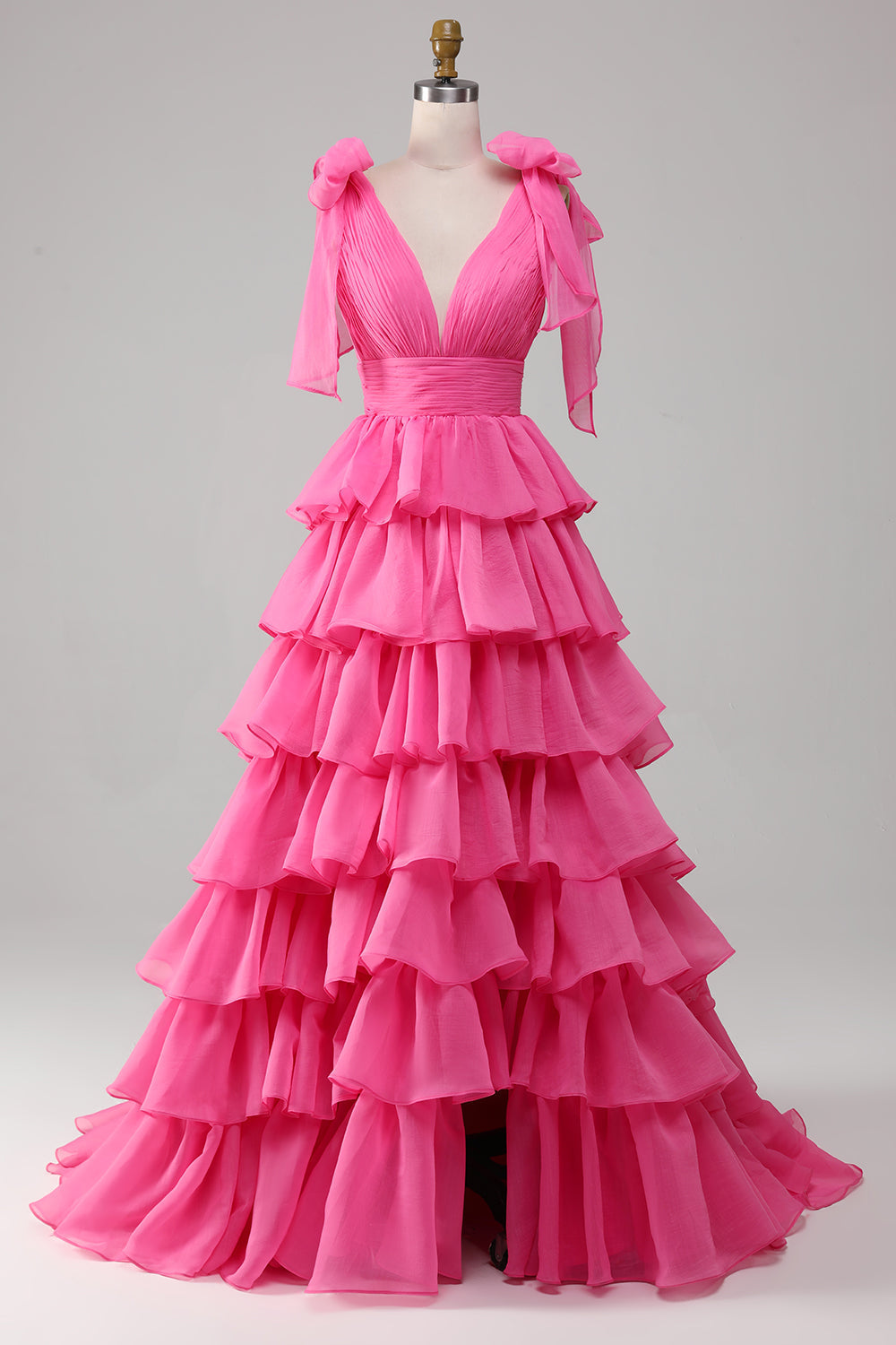 Princess Fuchsia A-Line Deep V-Neck  Tiered Long Prom Dress With Slit