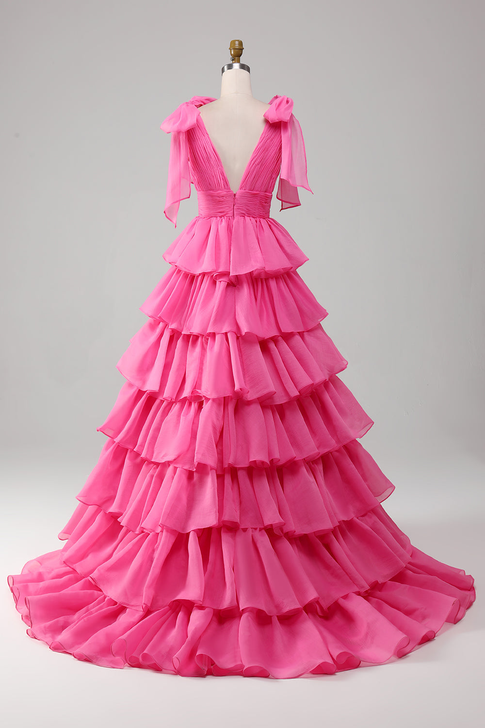 Princess Fuchsia A-Line Deep V-Neck  Tiered Long Prom Dress With Slit