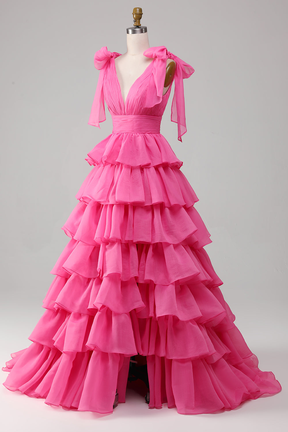 Princess Fuchsia A-Line Deep V-Neck  Tiered Long Prom Dress With Slit