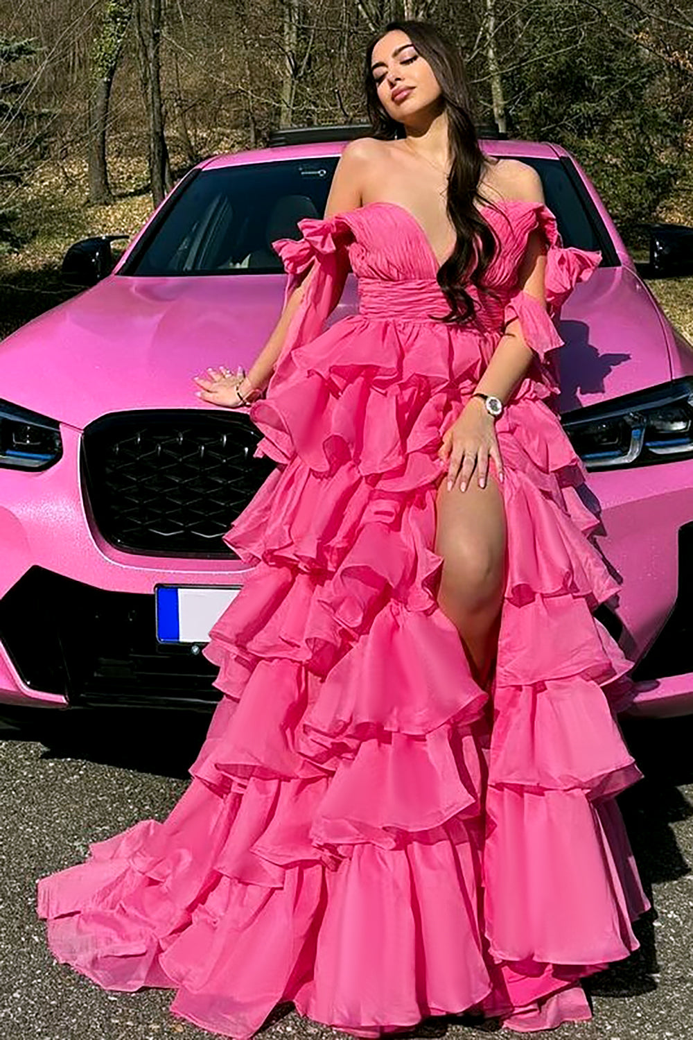 Princess Fuchsia A-Line Deep V-Neck  Tiered Long Prom Dress With Slit