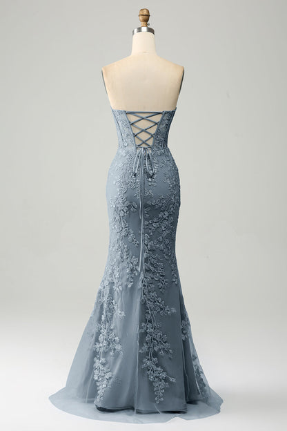Lilac Mermaid Sweetheart Corset Appliques Prom Dress With Side Slit