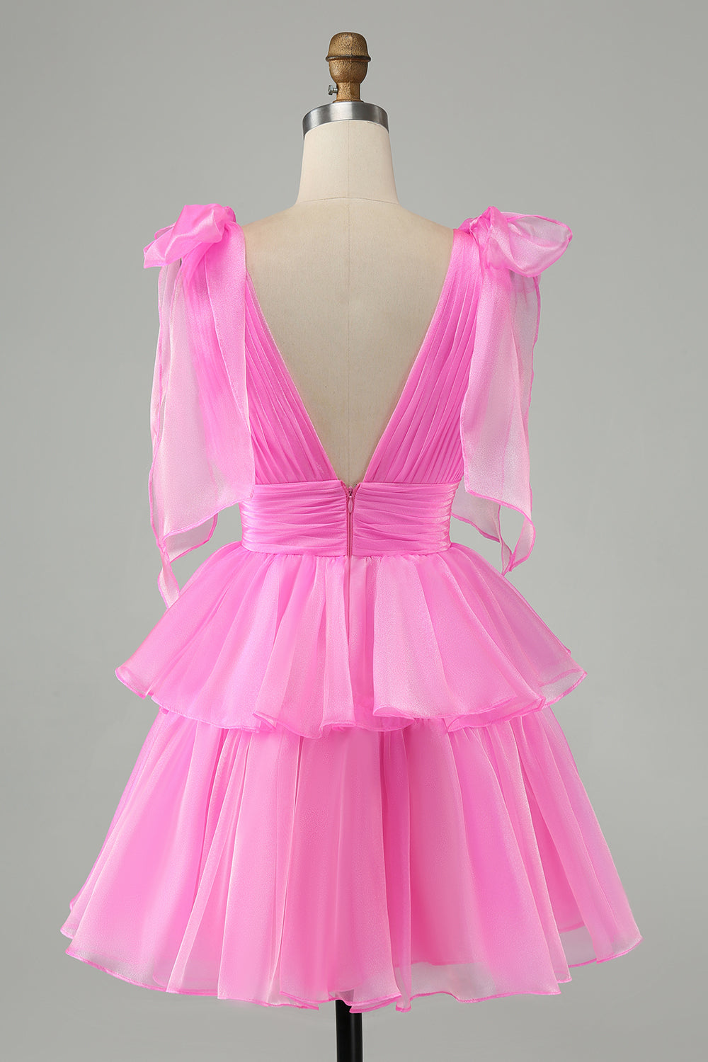 Hot Pink A Line V Neck Pleated Tiered Short Homecoming Dress