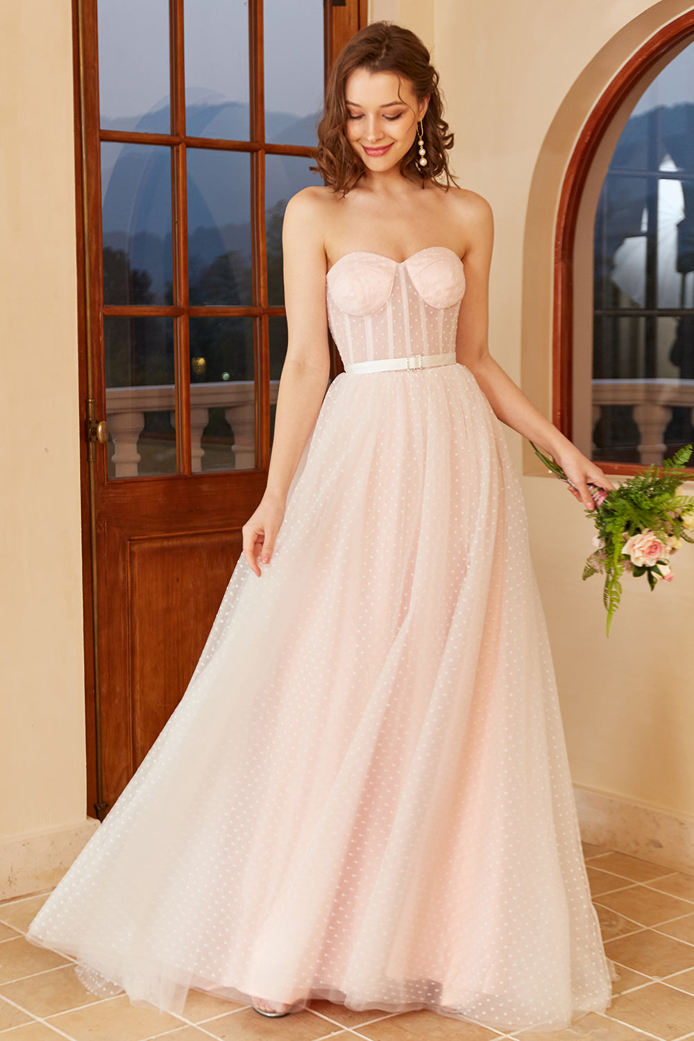 Pink Polka Dots Wedding Dress with Puff Sleeves