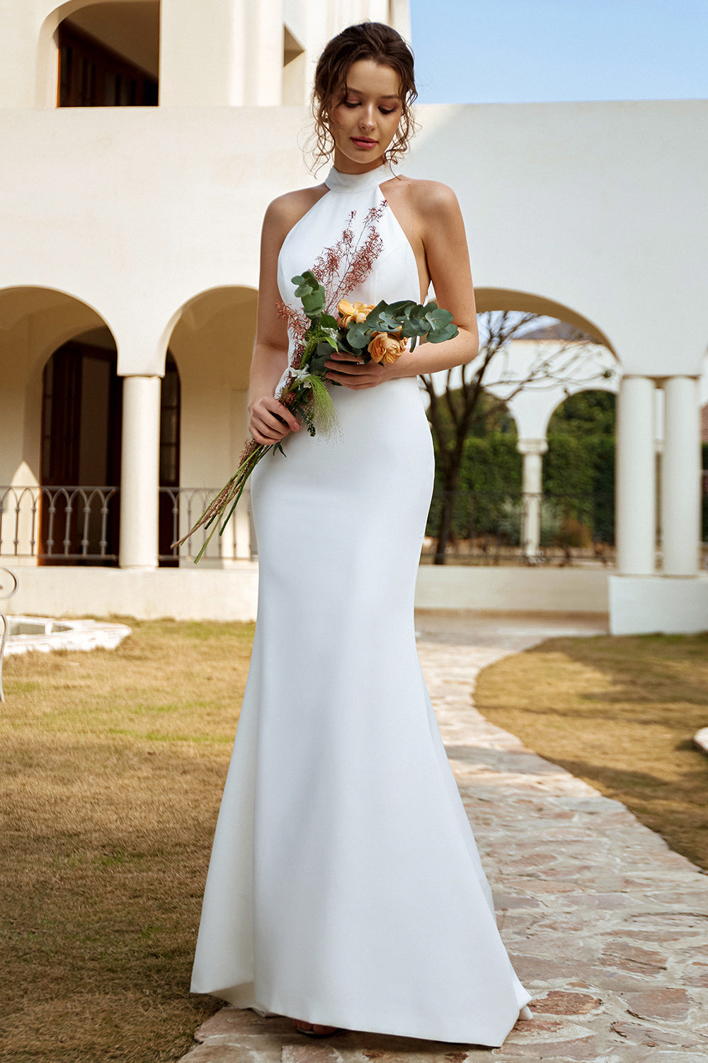 White Mermaid Halter Open Back Wedding Dress