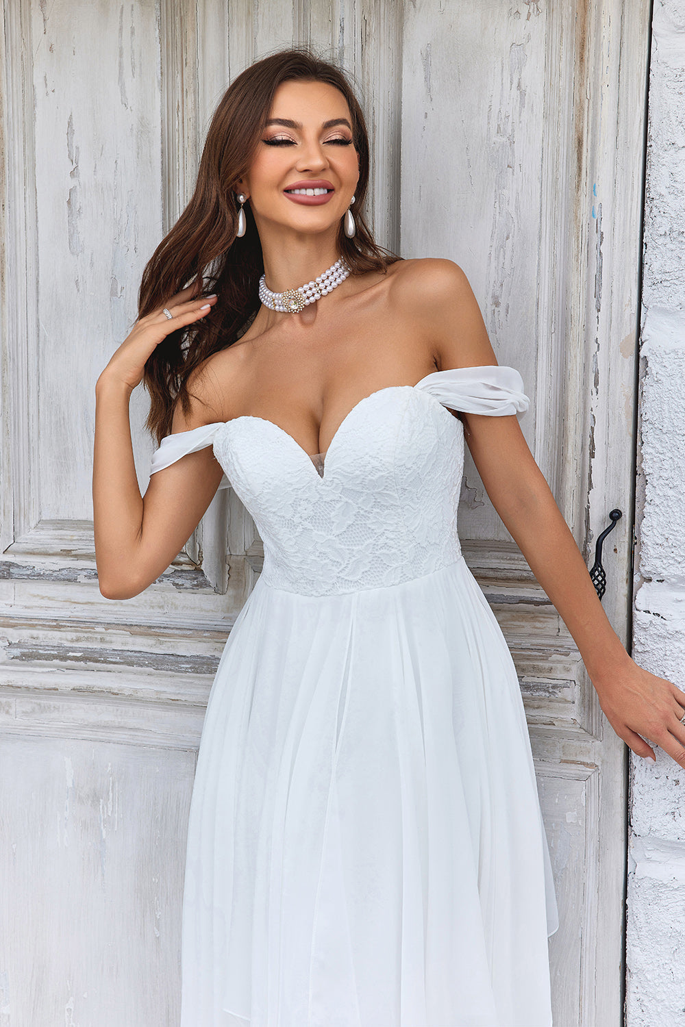 Elegant A Line Off the Shoulder Ivory Chiffon Wedding Dress with Lace