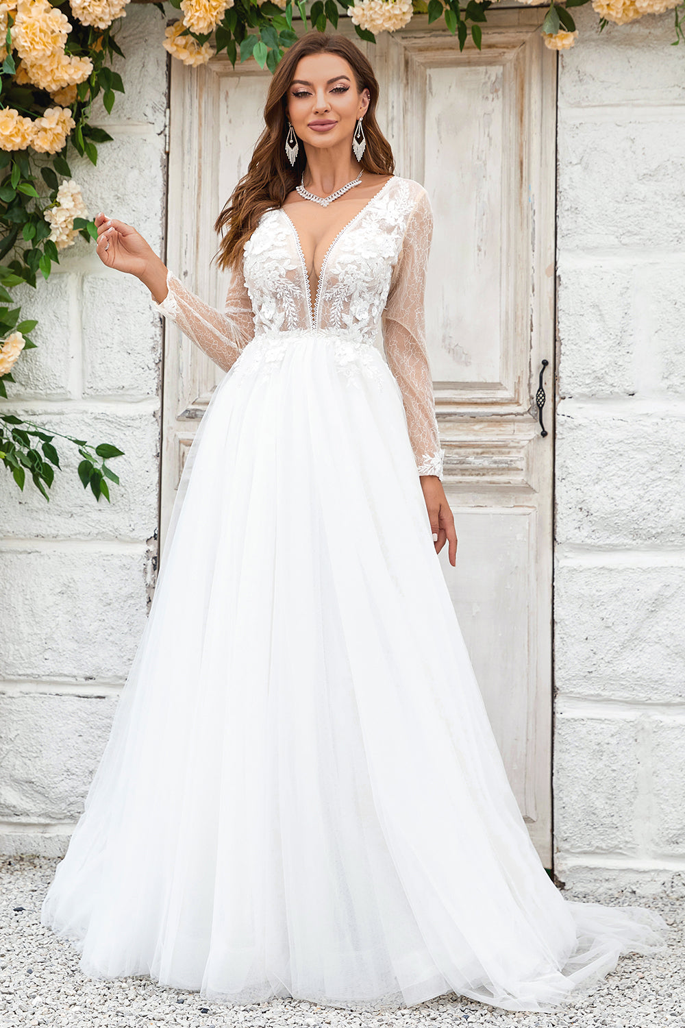 Deep V-Neck Ivory Tulle Sweep Train Wedding Dress with Lace