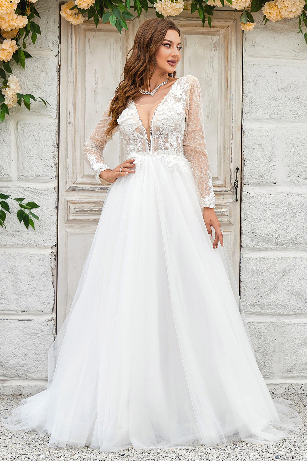 Deep V-Neck Ivory Tulle Sweep Train Wedding Dress with Lace