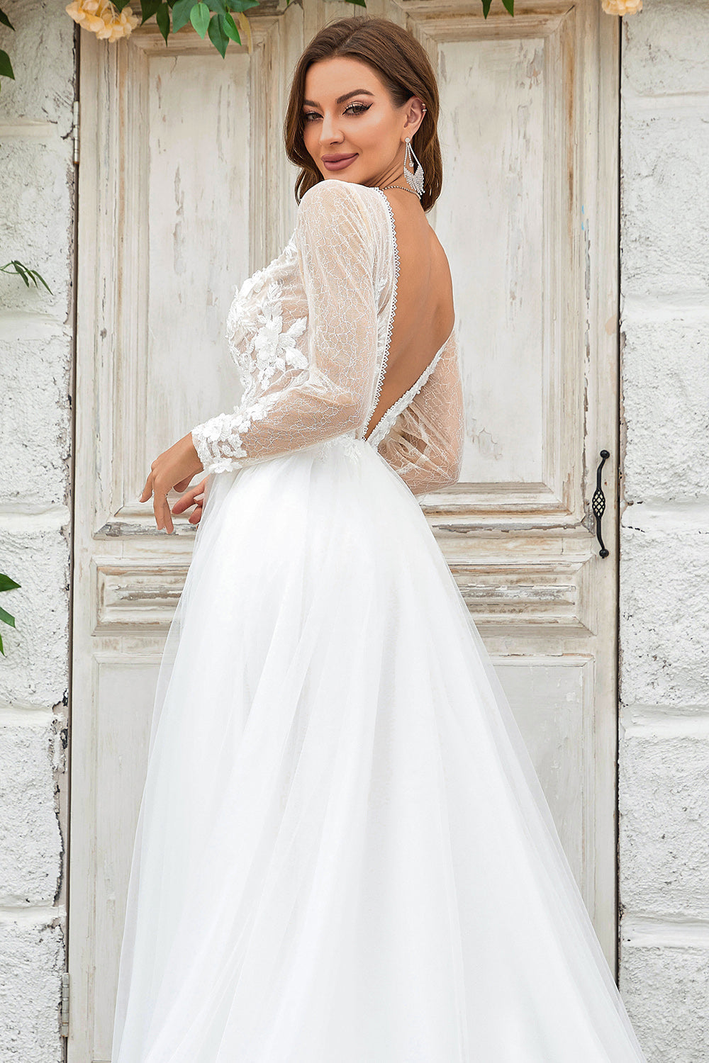 Deep V-Neck Ivory Tulle Sweep Train Wedding Dress with Lace