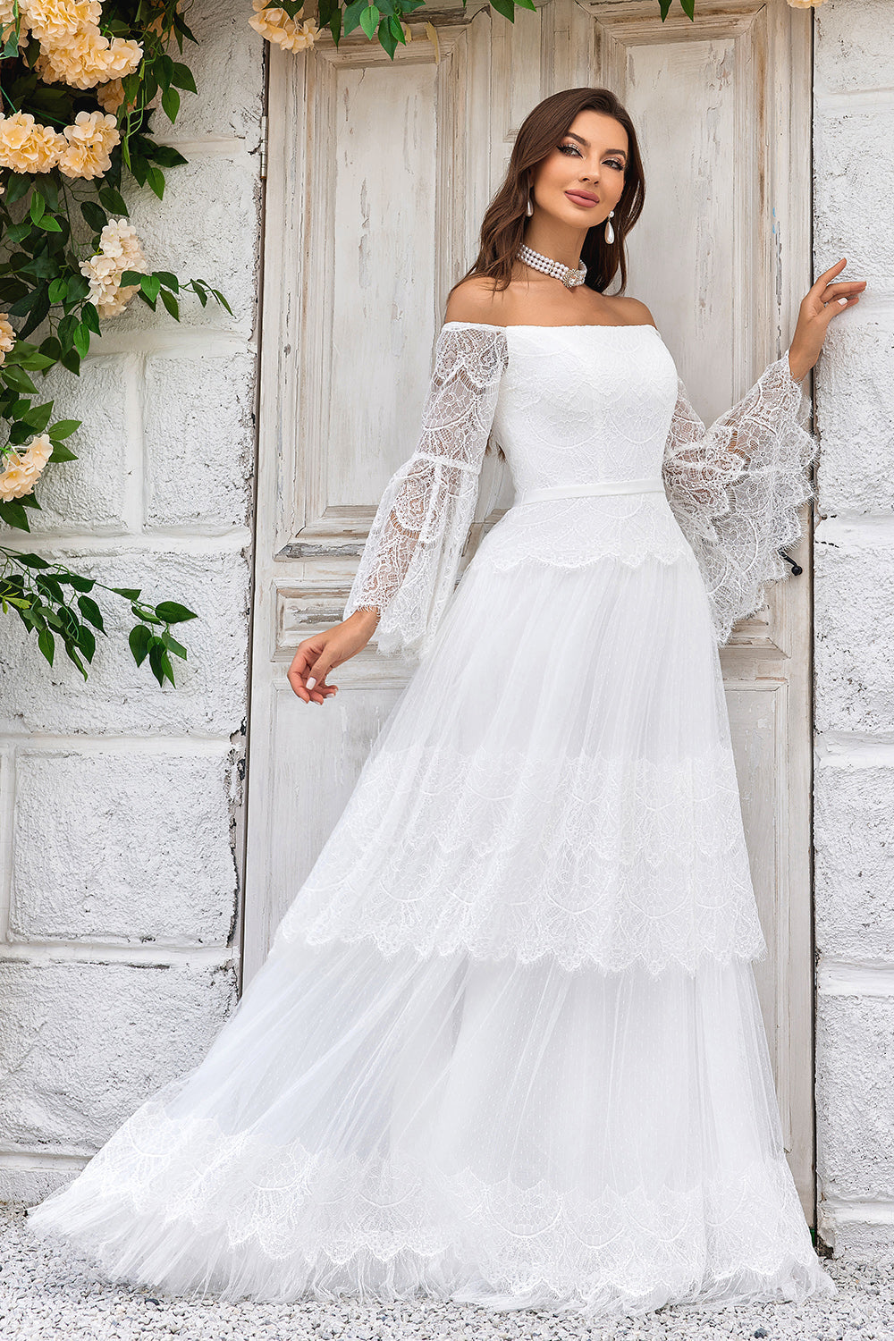 Ivory Sweep Train Flare Sleeves Wedding Dress