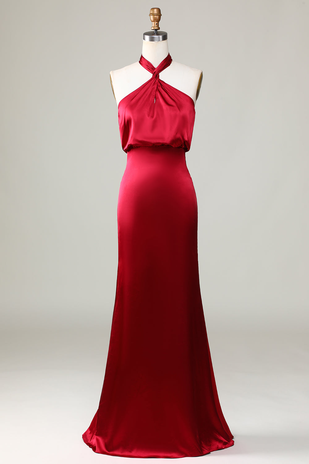 Mermaid Halter Sleeveless Burgundy Bridesmaid Dress