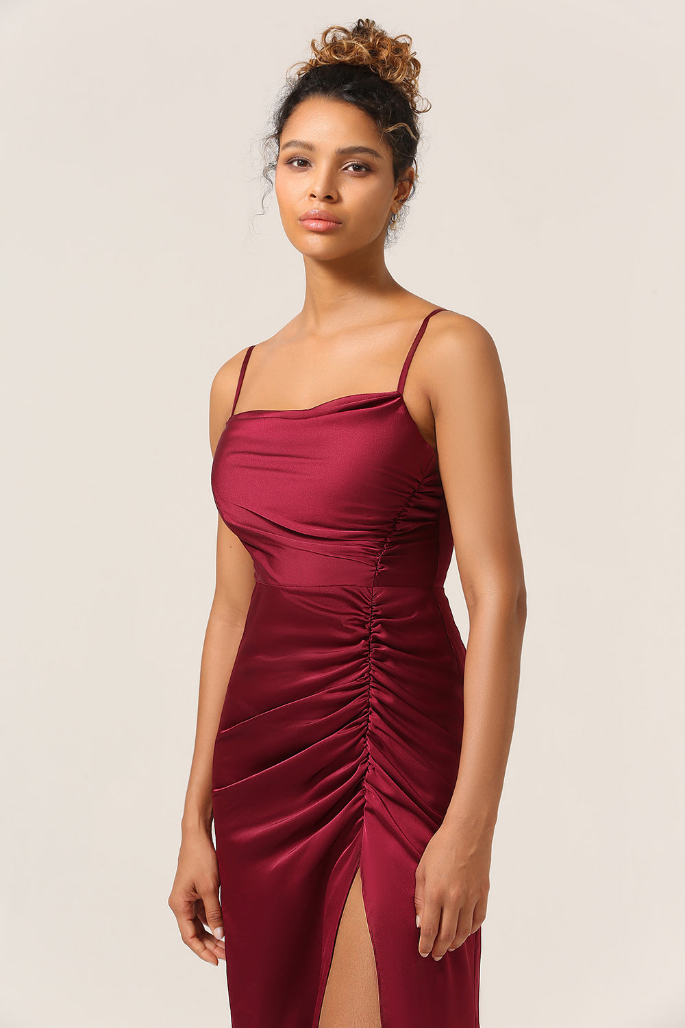 Simple Mermaid Spaghetti Straps Burgundy Long Bridesmaid Dress with Split Front