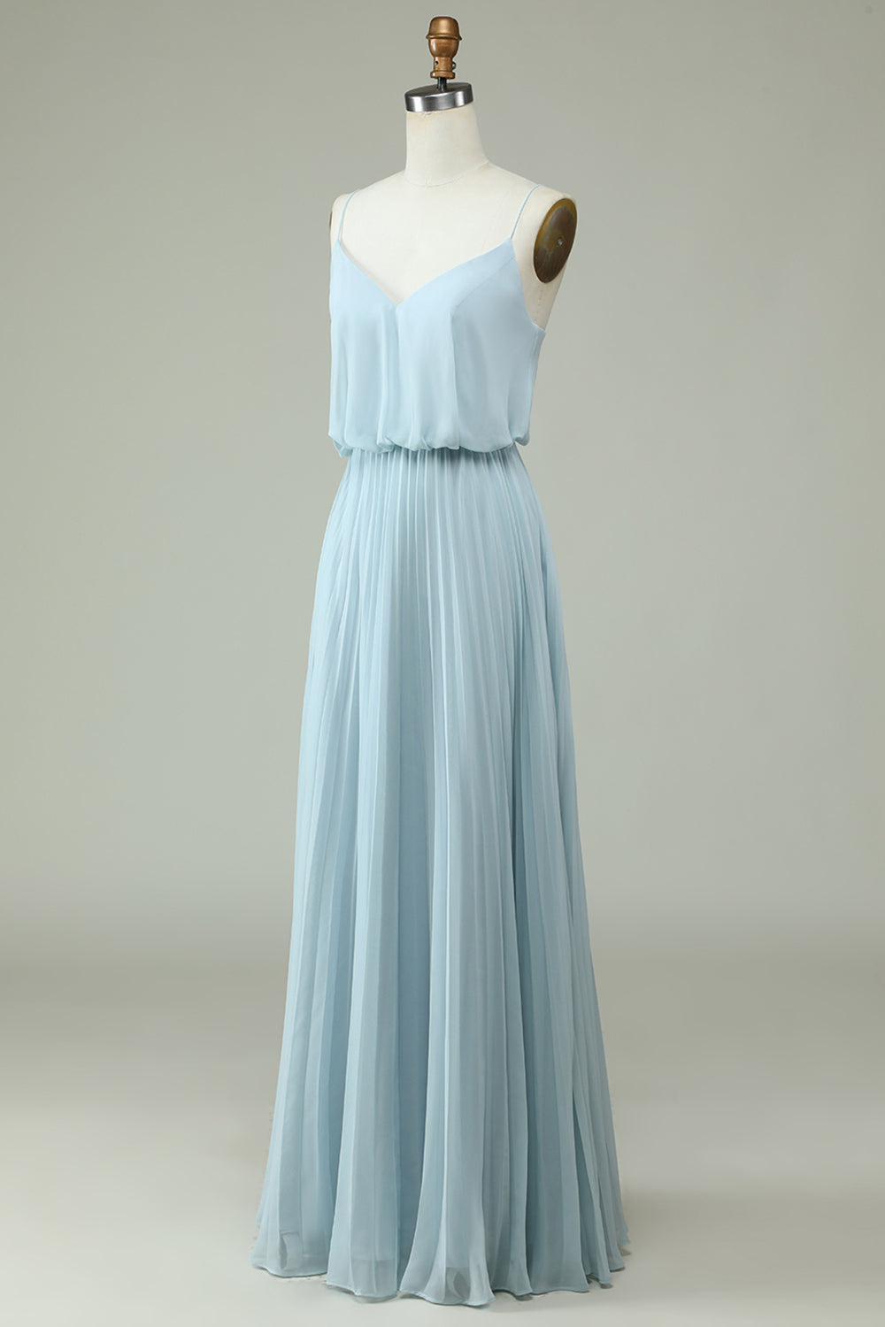 Chiffon Spaghetti Straps Sky Blue Long Bridesmaid Dress