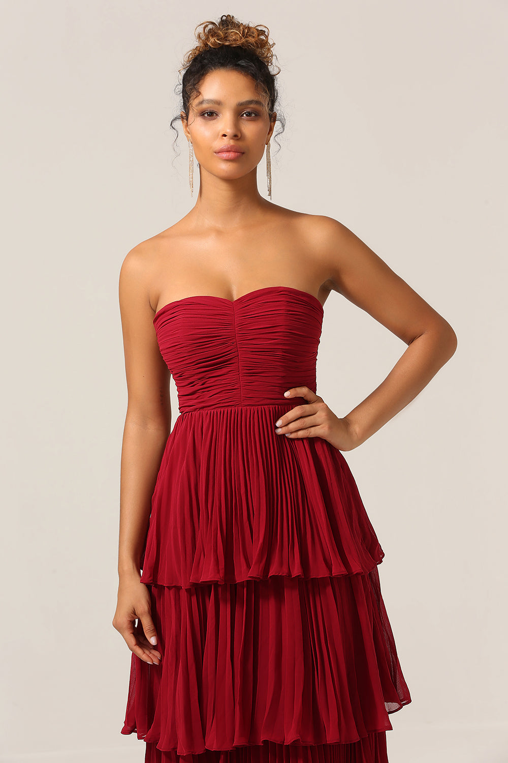 Charming A Line Strapless Burgudy Long Bridesmaid Dress with Ruffles