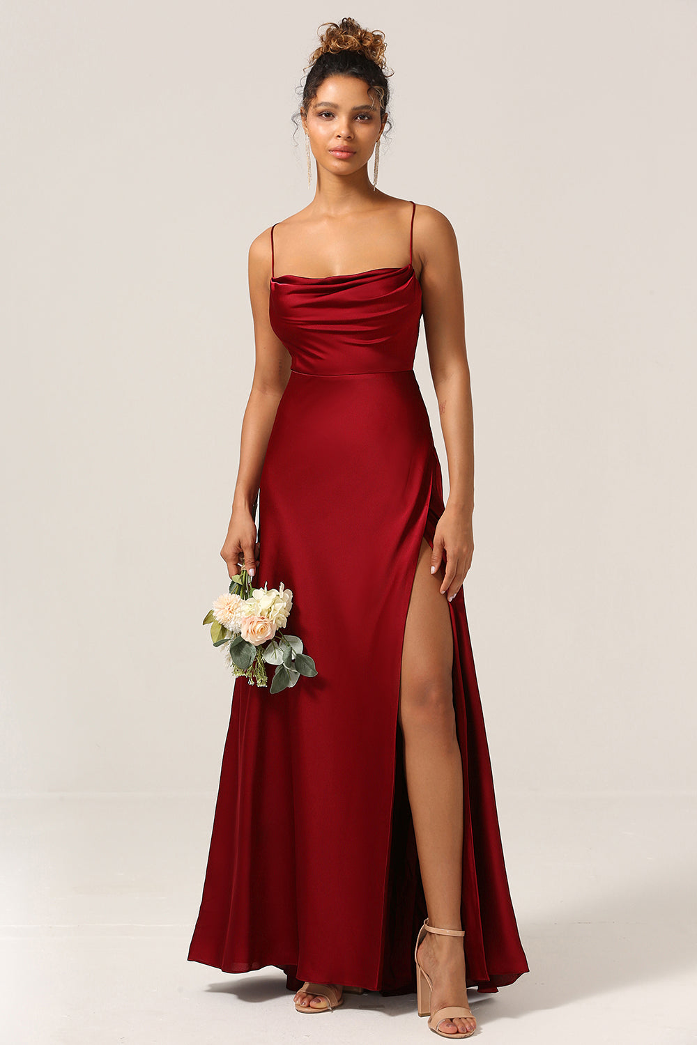 Simple A Line Lace-Up Back Burgundy Long Bridesmaid Dress with Criss Cross Back