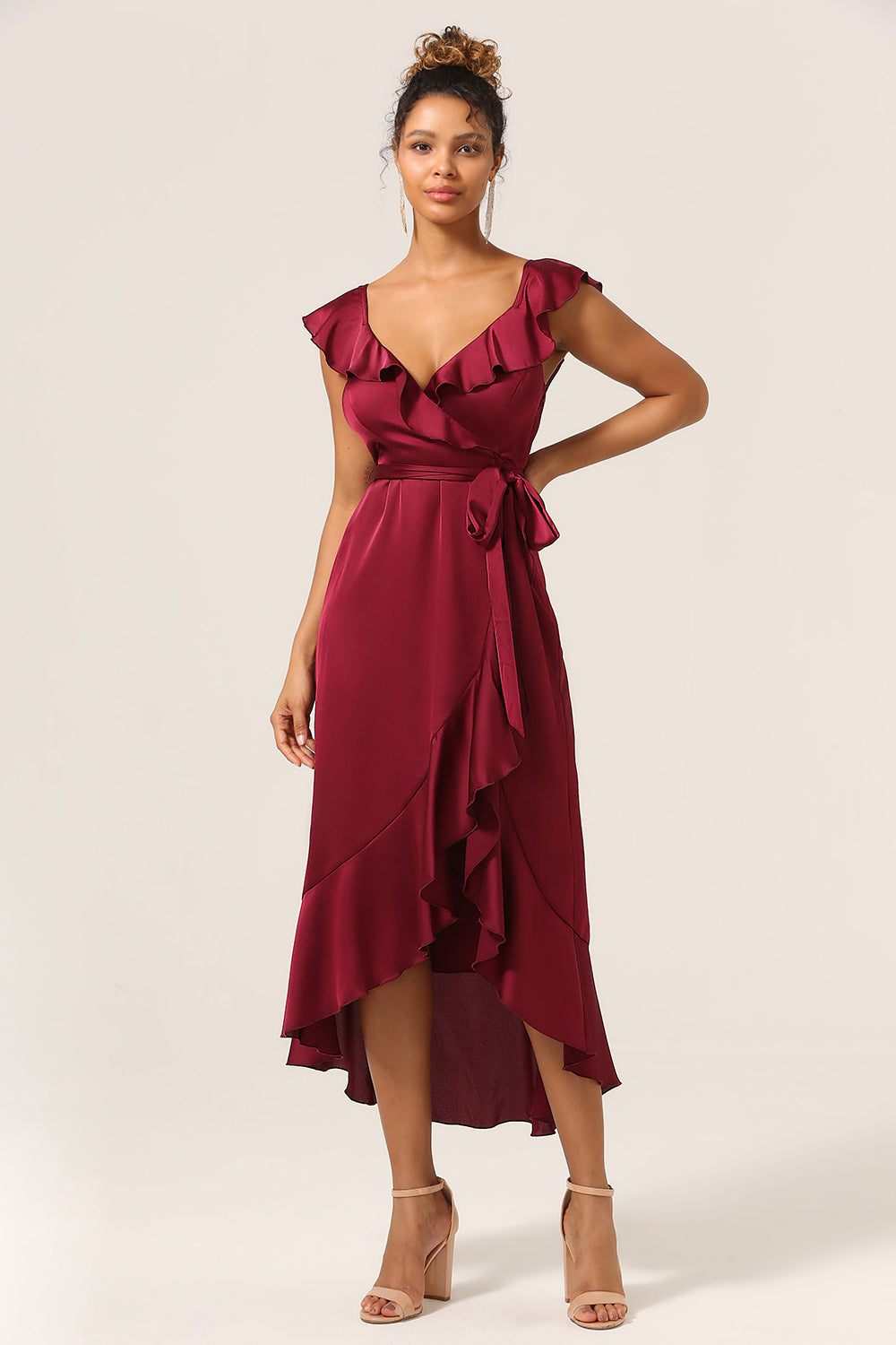 A Line V-Neck Burgundy Bridesmaid Dress with Ruffles