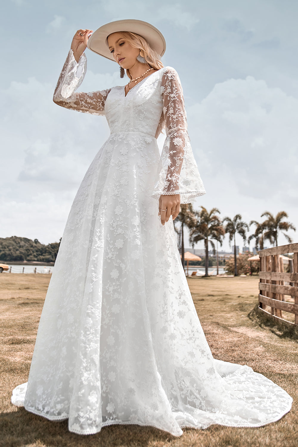 Beauty A Line V Neck Ivory Lace Flare Sleeves Wedding Dress