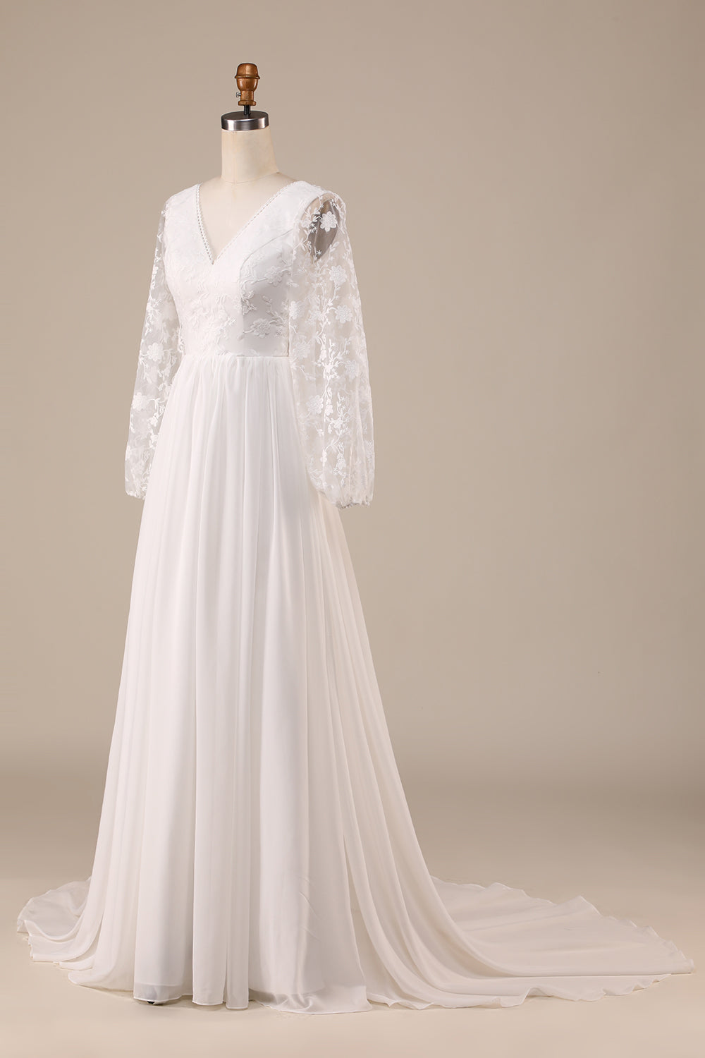 Ivory Chiffon Sweep Train Boho Wedding Dress with Lace