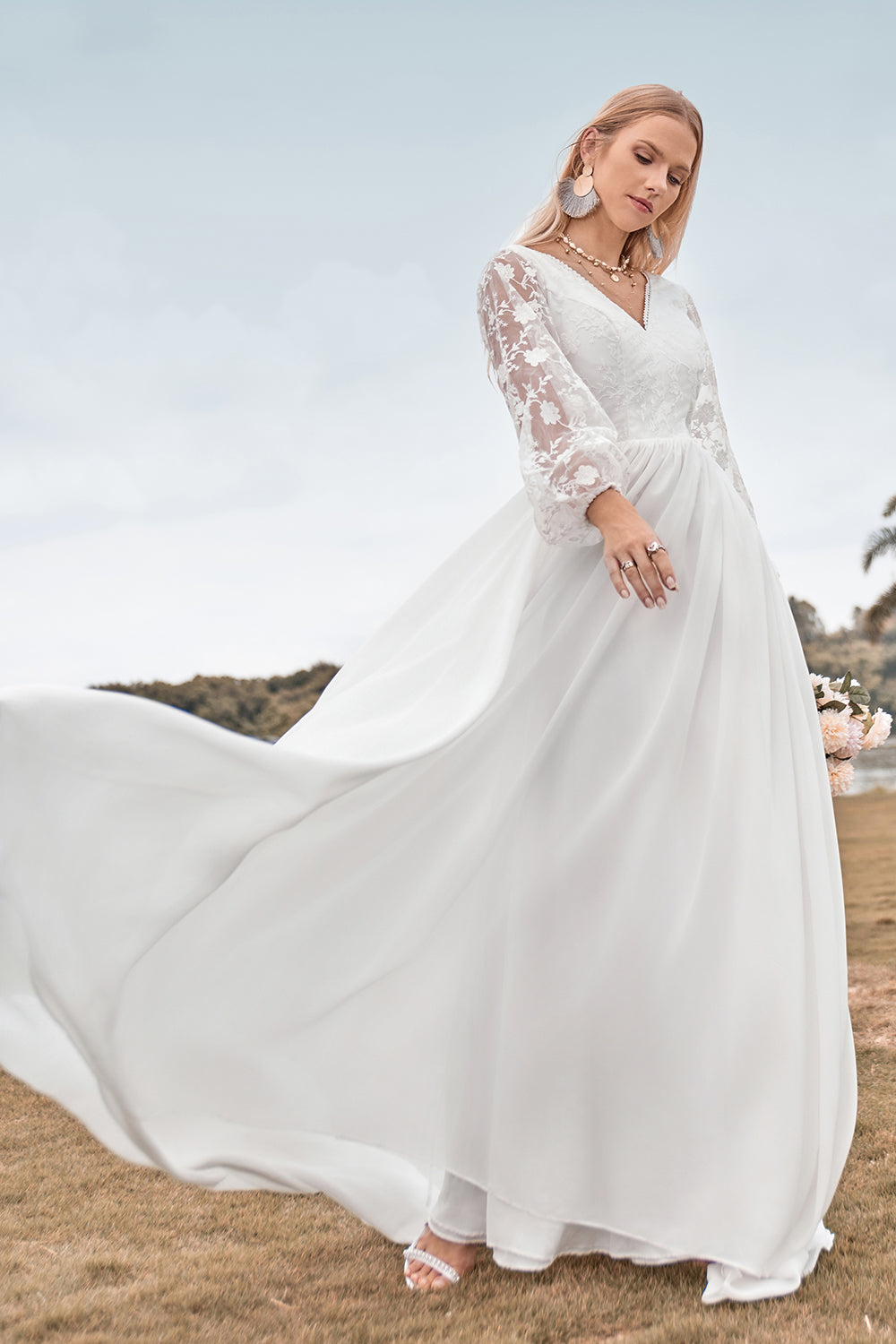 A Line V Neck Ivory Chiffon Sweep Train Boho Wedding Dress with Lace