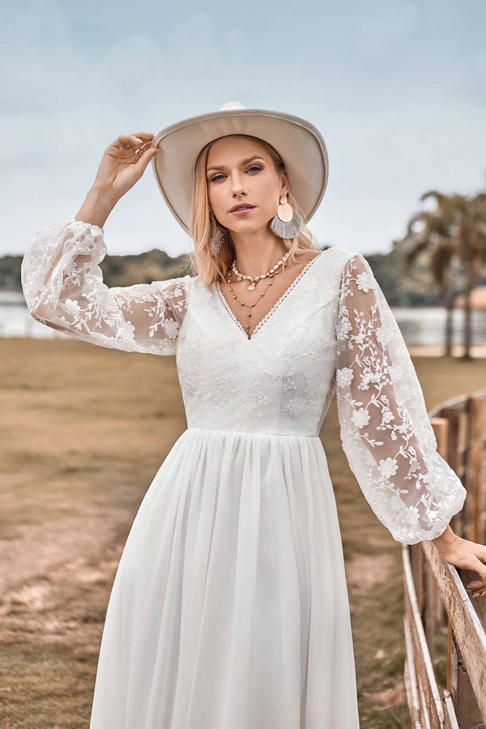 A Line V Neck Ivory Chiffon Sweep Train Boho Wedding Dress with Lace