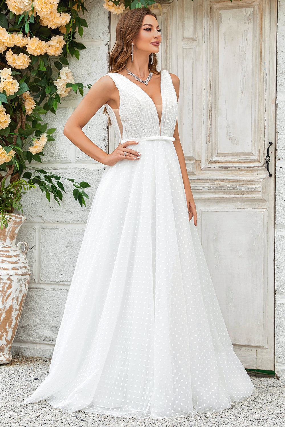 Ivory Detachable Watteau Train Tulle Wedding Dress