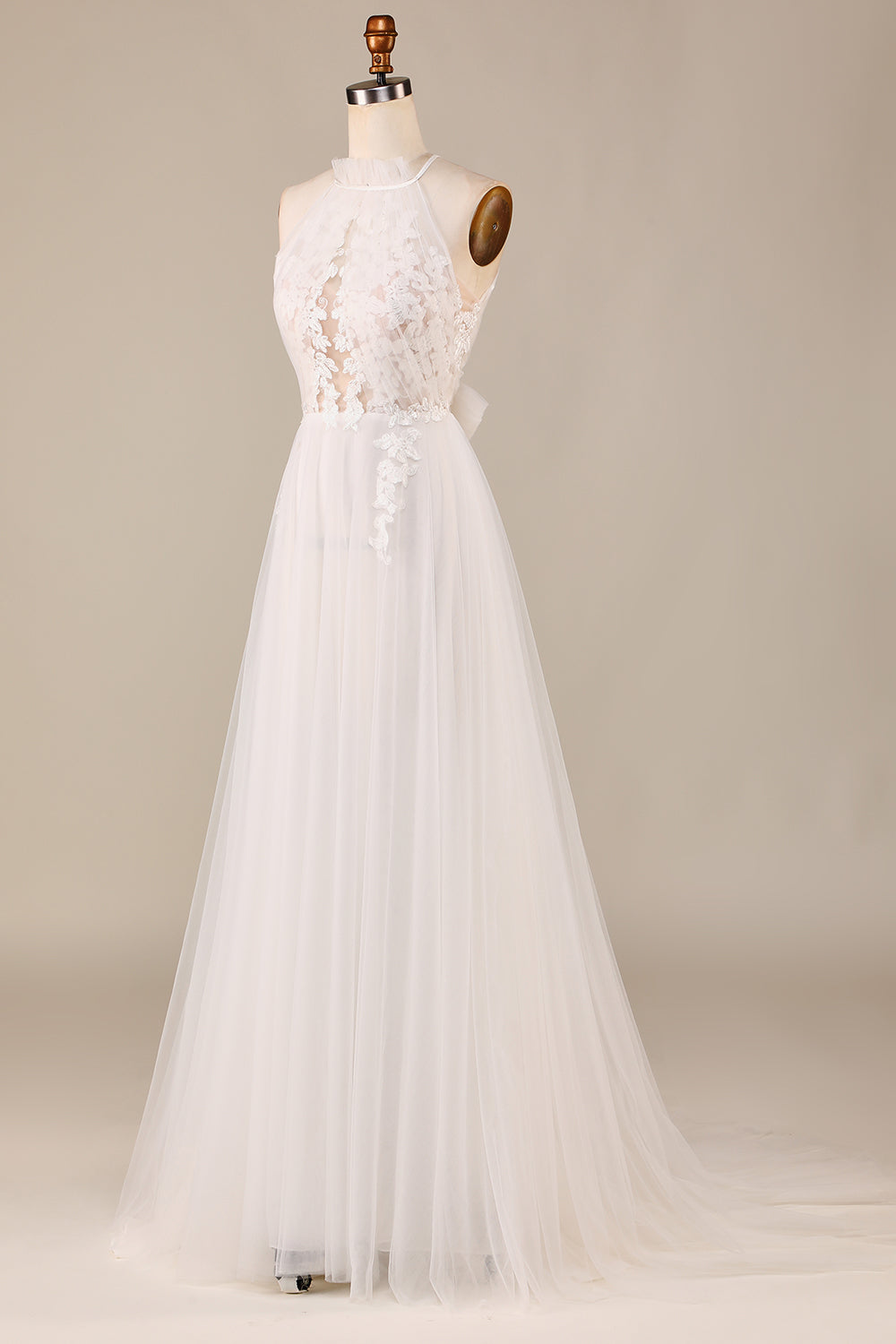 Charming A Line Halter Neck Ivory Open Back Tulle Sweep Train Wedding Dress with Lace